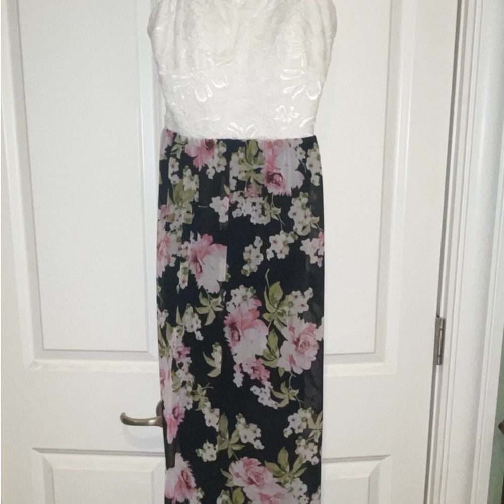 Lily Rose M ivory lace top and black floral maxi dress